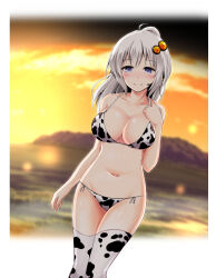 Rule 34 | 1girl, absurdres, ahoge, animal print, bikini, blue eyes, blurry, blurry background, breasts, commentary request, cow print, cow print bikini, cow print thighhighs, grey hair, hair ornament, headset, highres, kiki (koikuchikinako), kizuna akari, large breasts, navel, ponytail, print bikini, print thighhighs, side-tie bikini bottom, smile, solo, swimsuit, thighhighs, voiceroid