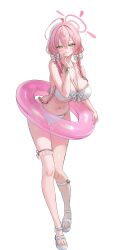 1girl absurdres ahoge bikini blue_archive blush bow braid breasts collarbone green_eyes halo hanako_(blue_archive) highres huge_breasts innertube long_hair looking_at_viewer navel pink_hair pink_halo pink_innertube pink_nails simple_background solo swim_ring swimsuit thigh_strap twin_braids white_background white_bow yamu_(yamu_030)