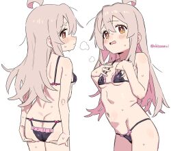 1girl ahoge ass bra breasts brown_eyes brown_hair butt_crack dual_persona highres lingerie long_hair navel onii-chan_wa_oshimai! oyama_mahiro panties petite shisoneri simple_background small_breasts underwear white_background