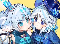 2girls :&lt; ascot bare_shoulders blue_ascot blue_eyes blue_hair blue_hat blue_jacket cerydra_(honkai:_star_rail) commentary cross-shaped_pupils crown detached_sleeves drop-shaped_pupils furina_(genshin_impact) genshin_impact hair_between_eyes hand_up hat heterochromia highres honkai:_star_rail honkai_(series) jacket long_hair long_sleeves looking_at_viewer mihoyo mini_crown mismatched_pupils multicolored_hair multiple_girls shitsu_(kurikaesi) simple_background streaked_hair symbol-shaped_pupils top_hat twitter_username yellow_background