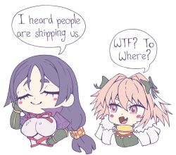 1boy 1girl astolfo_(fate) blush bow breasts closed_eyes fang fate/apocrypha fate/grand_order fate_(series) hair_intakes height_difference husbandmaru large_breasts long_hair minamoto_no_raikou_(fate) multicolored_hair open_mouth parted_bangs pink_eyes pink_hair purple_hair smile speech_bubble streaked_hair trap uyunimoumantai