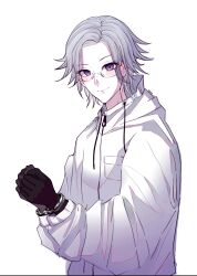 1boy aotsuki_eito black_gloves blue_eyes bound bound_wrists closed_mouth cuffs drawstring glasses gloves handcuffs jacket long_sleeves looking_at_viewer male_focus parted_hair simple_background smile solo solo_focus the_hundred_line_-last_defense_academy- white_background white_hair white_jacket zipper_pull_tab