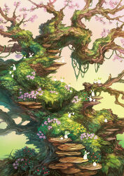 cherry_blossoms flower grass moss nature no_humans original outdoors pink_flower plant plant_roots rabbit scenery too_many tree vines yukoiwase