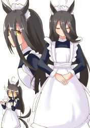 1girl ahoge animal_ears apron black_dress chibi chibi_inset closed_eyes closed_mouth cup dress flat_chest frilled_headwear hair_between_eyes high_ponytail highres horse_ears horse_girl horse_tail long_hair long_hair_between_eyes long_sleeves looking_at_viewer looking_down maid_headdress manhattan_cafe_(umamusume) multicolored_hair multiple_girls multiple_views no_mouth own_hands_together ponytail simple_background standing star_(symbol) steam tail tail_wagging umamusume umayonyosi very_long_hair white_apron white_background white_hair yellow_eyes