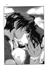 1boy 1girl couple closed_eyes greyscale headband hetero highres inoue_sora kiss kusanagi_shizuma long_hair mitsurugi_ryouko monochrome official_art ponytail real_bout_high_school school_uniform