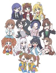6+girls adjusting_eyewear ahoge akizuki_ritsuko amami_haruka antenna_hair arm_up beret black_eyes black_hair black_hairband black_hat black_jacket black_necktie blonde_hair blue_eyes blue_hair blush brown_eyes brown_hair closed_eyes closed_mouth collared_shirt commentary cropped_torso diagonal-striped_clothes diagonal-striped_necktie earbuds earphones flower folded_ponytail food futami_ami futami_mami ganaha_hibiki glasses green_eyes green_scrunchie grey_hair grey_tank_top hagiwara_yukiho hair_flower hair_ornament hair_ribbon hair_scrunchie hairband hand_on_own_face hand_up hands_up hat highres holding holding_food holding_stuffed_toy hood hood_down hoshii_miki idolmaster idolmaster_(classic) jacket kikuchi_makoto kisaragi_chihaya long_hair long_sleeves minase_iori miura_azusa multiple_girls necktie one_eye_closed onigiri open_clothes open_jacket open_mouth pink_scrunchie pink_sweater plaid_clothes plaid_jacket pnt_0202 ponytail purple_eyes purple_hairband red_jacket ribbed_sweater ribbon scrunchie shijou_takane shirt short_hair short_sleeves siblings side_ponytail simple_background sisters smile striped_clothes striped_shirt stuffed_animal stuffed_rabbit stuffed_toy sweater takatsuki_yayoi tank_top turtleneck turtleneck_sweater twins twintails usa-chan_(idolmaster) white_background yellow_ribbon