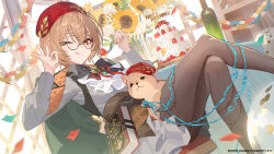 Rule 34 | 1girl, animal, book, brown hair, brown pantyhose, cake, clio aite, closed mouth, commentary request, crossed legs, flower, food, glasses, happy birthday, hat, long sleeves, looking at viewer, one eye closed, pantyhose, phase connect, red eyes, red hat, round eyewear, shirt, short hair, sitting, smile, solo, sunflower, teffish, virtual youtuber, white shirt