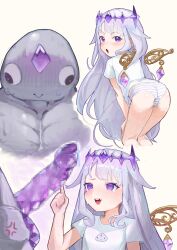 1girl @_@ absurdres aged_down anger_vein ass blush bow bow_panties censored cropped_legs crystallization flat_chest from_behind highres hololive hololive_english koseki_bijou loli long_hair looking_at_penis looking_at_viewer looking_back mirumiruchan missing_tooth mosaic_censoring multiple_views navel open_mouth panties pebble_(koseki_bijou) penis_awe purple_eyes purple_hair shadow shirt simple_background squatting stomach striped_clothes striped_panties tiara underwear very_long_hair virtual_youtuber white_background white_shirt