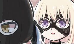 2girls balaclava bang_dream! bang_dream!_it&#039;s_mygo!!!!! black_mask blue_hair commentary_request doloris_(bang_dream!) highres lyy mask masquerade_mask medium_hair misumi_uika multiple_girls oblivionis_(bang_dream!) open_mouth purple_eyes togawa_sakiko yellow_eyes