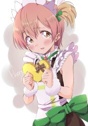 1girl apron blush bow box gift gift_box green_bow happy_valentine heart heart-shaped_box highres holding holding_gift hoshizora_rin looking_at_viewer love_live! love_live!_school_idol_project maid maid_apron maid_headdress mogyutto_&quot;love&quot;_de_sekkin_chuu! official_alternate_costume one_side_up open_mouth orange_hair sen_(sen0910) short_hair sleeveless solo upper_body valentine white_apron white_background white_headdress yellow_eyes