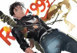 Rule 34 | 1boy, black hair, black jacket, black neckerchief, blue pants, burn scar, closed mouth, copyright name, cowboy shot, dog tags, dutch angle, fujiwara ringo, grey eyes, j (reverse:1999), jacket, looking at viewer, male focus, neckerchief, pants, reverse:1999, scar, scar on face, short hair, solo, weapon, weapon on back, white background