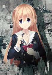 1girl bow breasts chaos;child chest_bow cleavage dress dress_vest english_text game_cg hair_between_eyes hair_ribbon hekiho_academy hekiho_academy_school_uniform highres jacket kurusu_nono long_hair long_sleeves looking_at_viewer medium_breasts official_art onoe_serika orange_hair purple_eyes ribbon sasaki_mutsumi school_emblem school_uniform shiny_eyes shirt smile sumo_sticker_(chaos;child)