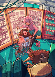 1boy 1girl aqua_skirt aqua_sweater artist_name bandaid bandaid_on_knee bandaid_on_leg bird black_pants blush bottle bow box brown_bag brown_hair brown_shoes cable can closed_eyes clothes_around_waist commentary dated floating_hair glass_door_refrigerator grey_socks hair_bow hair_ornament hairclip highres hugging_own_legs in_shopping_cart jacket jar kiwi_(bird) laughing looking_at_another looking_back medium_hair multicolored_shoes orange_bow original outstretched_arm pants pink_hair pink_shirt pink_shoes pleated_skirt pushing_cart running shirt shoes shopping_cart short_hair simz skirt socks supermarket sweater sweater_around_waist teeth tile_floor tiles two-tone_shoes upper_teeth_only watch white_jacket white_shoes wristwatch