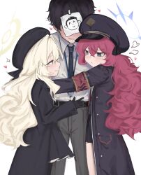 &gt;:( 1boy 2girls :&lt; absurdres ahiru_(ahahahahiru) belt black_belt black_coat black_gloves black_hair black_necktie black_skirt blonde_hair blue_archive blue_eyes blue_halo blush coat collared_shirt commentary_request cowboy_shot doodle_sensei_(blue_archive) fluffy_hair girl_sandwich gloves green_eyes halo hand_on_another&#039;s_waist hat heart hetero highres hug iroha_(blue_archive) long_hair looking_at_another love_triangle military_hat multiple_girls necktie petite professor_niyaniya_(blue_archive) sandwiched sensei_(blue_archive) shirt sidelocks skirt smile v-shaped_eyebrows white_shirt yellow_halo