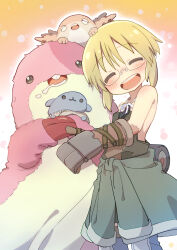 Rule 34 | 1girl, :d, bare shoulders, blonde hair, blush, closed eyes, clothes around waist, creature, drooling, elmleo774, facing viewer, glasses, gloves, highres, hug, jacket, jacket around waist, made in abyss, mechanical arms, open mouth, riko (made in abyss), rimless eyewear, round teeth, saliva, semi-rimless eyewear, short hair, sleeveless, smile, solo, stuffed animal, stuffed toy, teeth, under-rim eyewear, upper teeth only, whistle