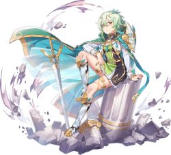1girl aqua_cape ark_order armored_boots artist_request atlas_(ark_order) black_dress boots cape cleavage_cutout clothing_cutout cropped_jacket diadem dress frilled_dress frills full_body gold_trim gradient_hair green_dress green_hair high_ponytail hood hood_down hooded_cape jacket jewelry knee_boots knee_up leg_ribbon long_sleeves looking_at_viewer multicolored_hair official_art pillar planted planted_sword planted_weapon ponytail ribbon short_hair sidelocks sitting sleeve_cuffs smile solo stone sword tachi-e tassel thigh_ribbon thighlet transparent_background two-tone_dress weapon white_boots white_hair white_jacket yellow_eyes yellow_ribbon