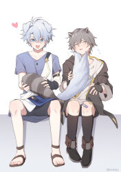 Rule 34 | 2boys, :d, animal ears, antenna hair, arm belt, black gloves, black hoodie, black shoes, black shorts, black socks, blue eyes, blue shirt, caelus (honkai: star rail), closed eyes, commentary request, dog boy, dog ears, dog tail, fingerless gloves, gloves, grey hair, hadanugi dousa, heart, honkai: star rail, honkai (series), hood, hood down, hoodie, kneehighs, male focus, multiple boys, official alternate costume, open kimono, open mouth, parted bangs, phainon (a dream scented in wheat) (honkai: star rail), phainon (honkai: star rail), raccoon boy, raccoon ears, raccoon tail, shirt, shoes, short hair, shorts, simple background, single glove, sitting, smile, socks, tail, tail stimulation, tail wagging, trailblazer (honkai: star rail), twitter username, white background, white hair, white shirt, xwd4rk, yaoi