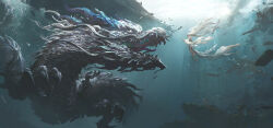 1girl absurdres chinese_clothes chinese_commentary colorful dragon dress eastern_dragon highres impasto leo-dont-want-to-be-a-painter long_hair original solo submerged underwater very_long_hair water white_dress