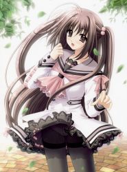 Rule 34 | 1girl, blush, brown eyes, brown hair, clothes lift, crotch seam, dress, dress lift, female focus, hair bobbles, hair ornament, highres, leaf, lingerie, navel (company), nishimata aoi, oretachi ni tsubasa wa nai, panties, panties under pantyhose, pantyhose, petticoat, sailor dress, school uniform, serafuku, solo, thighband pantyhose, underwear, watarai asuka, wind, wind lift