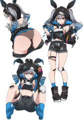 1girl absurdres armpits ass black_gloves black_jacket black_panties black_shoes black_shorts blue_socks bronya_zaychik bronya_zaychik_(haxxor_bunny) closed_mouth drill_hair full_body gloves grey_eyes grey_hair highres honkai_(series) honkai_impact_3rd jacket knee_pads long_hair long_sleeves midriff multiple_views no_shoes open_mouth panties shoes shorts simple_background single_knee_pad socks soles thigh_strap twin_drills underwear white_background xiaosa123