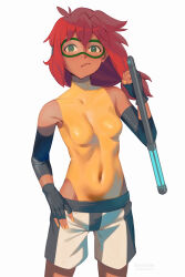 1girl antenna_hair armpit_crease artist_name bare_shoulders baton_(weapon) biting_own_lip black_gloves black_shorts black_sleeves breasts clenched_hand closed_mouth commentary commission contrapposto covered_collarbone covered_navel crossed_bangs dark-skinned_female dark_skin double-parted_bangs elbow_sleeve english_commentary english_text fingerless_gloves fingernails floating_hair gloves glowing glowing_weapon goggles green-framed_eyewear green_eyes gym_shorts hair_between_eyes hair_flaps half-closed_eyes hand_on_own_hip hand_up heattech_leotard high_collar highleg highleg_leotard highres holding_baton impossible_clothes karassawa legs_apart leotard leotard_under_clothes light_smile long_eyelashes long_fingernails long_hair long_legs looking_at_viewer low-tied_long_hair lowleg lowleg_shorts malyna_(malberrybush) original petite ponytail red_hair shorts sidelocks simple_background ski_goggles skin_tight small_breasts solo standing stun_baton superhero_costume thick_eyelashes turtleneck two-tone_shorts weapon white_background white_shorts yellow_leotard yellow_nails