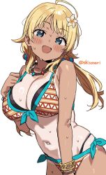 Rule 34 | 1girl, ahoge, bikini, blonde hair, blue eyes, blush, bracelet, breasts, cleavage, collarbone, flower, front-tie bikini top, front-tie top, hachimiya meguru, hair flaps, hair flower, hair ornament, idolmaster, idolmaster shiny colors, jewelry, large breasts, layered bikini, long hair, looking at viewer, low twintails, navel, necklace, one-piece tan, open mouth, shisoneri, side-tie bikini bottom, smile, solo, sweat, swimsuit, tan, tanline, twintails