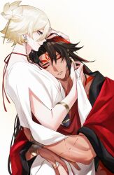 Rule 34 | 2boys, absurdres, arm tattoo, asura (onmyoji), bishounen, black hair, blonde hair, bracelet, closed eyes, closed mouth, commentary, commentary request, earrings, eyeliner, facial mark, fingernails, green eyes, highres, hug, jewelry, konsai 2, long hair, makeup, male focus, multicolored hair, multiple boys, nail polish, onmyoji, red eyeliner, red hair, red tattoo, short hair, simple background, sleeping, sleeping on person, streaked hair, taishakuten (onmyoji), tattoo, teeth, two-tone hair, upper body, white background, yaoi