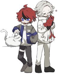4boys ahoge animal animalization aotsuki_eito black_gloves black_pants black_shoes black_streaks blue_eyes blue_jacket cat deformed dual_persona glasses gloves grey_hair grey_jacket grey_shoes highres holding holding_animal holding_cat hood hoodie jacket jacket_over_hoodie looking_at_another male_focus multicolored_hair multicolored_jacket multiple_boys nuzzle open_mouth pants red_hair shoes short_hair simple_background smile sparrowhabird streaked_hair sumino_takumi tail tail_wagging the_hundred_line_-last_defense_academy- two-tone_jacket white_background white_hoodie white_jacket white_pants