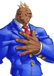 Rule 34 | 1boy, absurdres, blazer, blonde hair, boman delgado, buttons, collared shirt, dark-skinned male, dark skin, edaki shin&#039;ya, from side, game cg, hand on own chest, highres, jacket, justice gakuen, male focus, moero! justice gakuen, mohawk, necktie, non-web source, official art, pants, red necktie, school uniform, shirt, simple background, solo, standing, veins, veiny hands, white background, white pants, white shirt