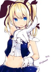 1girl alternate_costume animal_ears ask02 azuma_sawayoshi blonde_hair blue_eyes dead_or_alive dead_or_alive_5 female_focus gloves hand_on_own_hip highres jacket lips marie_rose navel pleated_skirt pointing rabbit_ears simple_background skirt solo tongue tongue_out twintails