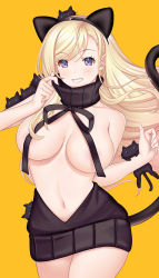 1girl animal_ears areola_slip backless_outfit backwards_virgin_killer_sweater bare_shoulders black_sweater blonde_hair blue_eyes blush breasts breasts_apart cat cat_ears cat_tail collarbone contrapposto convenient_censoring cowboy_shot fake_animal_ears fake_tail floating_hair grin halloween hataraki_kuma highres large_breasts long_hair looking_at_viewer meme_attire navel orange_background original purple_eyes simple_background smile sweater swept_bangs tail turtleneck turtleneck_sweater very_long_hair virgin_killer_sweater wardrobe_error