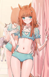 2girls animal_ears aqua_bikini aqua_eyes averting_eyes bikini black_skirt blunt_bangs blush changing_room cleavage_cutout closed_mouth clothing_cutout criss-cross_halter curtain_grab curtains emyo frilled_bikini frills gluteal_fold halterneck heart_cutout highres horse_ears horse_girl horse_tail long_hair multiple_girls navel orange_hair orange_tail reflection shirt short_sleeves silence_suzuka_(umamusume) skindentation skirt solo_focus special_week_(umamusume) swimsuit tail thighs umamusume white_shirt