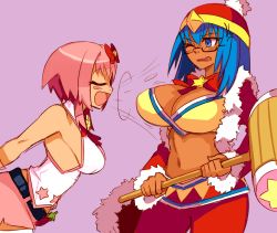 2girls adapted_costume artist_request blue_eyes blue_hair blush blush_stickers bow bowtie breast_sucking breasts cleavage coat cowboy_shot dark-skinned_female dark_skin eggplant closed_eyes fur_trim genderswap genderswap_(mtf) glasses hair_bow hammer hat huge_breasts king_dedede kirby kirby_(series) large_breasts mallet midriff miniskirt multiple_girls navel nintendo no_bra one_eye_closed personification pink_hair ribbon short_hair sideboob skirt sleeveless star_(symbol) thighhighs tomato wrist_cuffs zettai_ryouiki