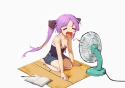 1girl =_= absurdres bare_shoulders barefoot black_camisole black_ribbon blue_shorts book breasts cable camisole chinese_commentary cleavage collarbone commentary_request electric_fan full_body hair_ribbon hands_on_floor highres hiiragi_kagami leaning_forward long_hair lucky_star open_book open_mouth parted_bangs pen purple_hair ribbon seiza shorts sitting small_breasts solo sterlank twintails white_background