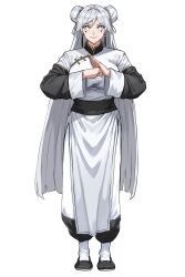 1girl absurdres ai-assisted bun_cover changpao china_dress chinese_clothes double_bun dress earrings fighting fighting_stance hair_bun highres jewelry kokoro_no_koibito kung_fu long_hair long_sleeves martial_arts original palm-fist_greeting self-upload smile solo standing training white_dress white_hair