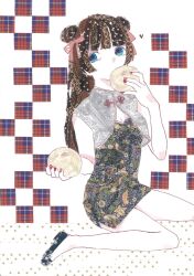 Rule 34 | 1girl, 922pochan, bare arms, bare legs, black shoes, blue dress, blue eyes, blunt bangs, blunt sidelocks, breasts, brown hair, china dress, chinese clothes, cleavage, commentary request, covered mouth, dot nose, double bun, dress, eating, floral print, food, full body, hair bun, hair ribbon, hand up, highres, holding, holding food, long hair, looking at viewer, masking tape (medium), mixed media, original, pink ribbon, red nails, ribbon, shoes, short dress, side slit, sidelocks, sideways glance, sitting, solo, traditional media, unconventional media, wariza, white background, yunjian