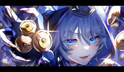 1girl animal_ear_fluff animal_ears black_gloves blue_eyes cat_ears cat_girl cipher_(honkai:_star_rail) close-up coin eyes_visible_through_hair fingerless_gloves fingernails glint gloves grey_hair holding holding_coin honkai:_star_rail honkai_(series) hood hood_up looking_at_viewer nail_polish om_rm1101 open_mouth sharp_fingernails signature solo twitter_username