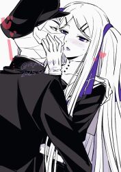 1boy 1girl after_kiss atyakodayo1 bandaged_head bandages black_hat black_jacket blush face-to-face gakuran gakuseibou geminism gloves hair_ribbon hand_on_another&#039;s_cheek hand_on_another&#039;s_face hand_on_another&#039;s_shoulder hat hirosoma_kikyou jacket long_hair long_sleeves open_mouth purple_eyes purple_ribbon ribbon saliva saliva_trail school_uniform simple_background swept_bangs tongue tongue_out two_side_up upper_body white_background white_hair yamaga_awasumi