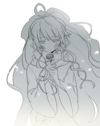 1girl aaniko bow character_request chinese_commentary commentary_request cowboy_shot downturned_eyes floating_hair flower greyscale high_ponytail holding holding_flower kagerou_project light_smile long_hair long_sidelocks long_sleeves looking_at_flowers monochrome ponytail scales scarf sidelocks simple_background snowing solo standing very_long_hair wavy_hair white_background wide_sleeves wind