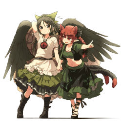 2girls adapted_costume animal_ears arm_up belt black_belt black_bow black_eyes black_footwear black_hair black_ribbon black_vest black_wings blunt_bangs bow braid breasts cat_ears cat_tail cleavage collarbone fang feathered_wings flying_sweatdrops frilled_skirt frills full_body green_skirt hair_bow highres holding_hands interlocked_fingers jewelry kaenbyou_rin leg_ribbon long_hair medium_breasts midriff multiple_girls multiple_tails navel necklace pointing red_eyes red_hair reiuji_utsuho ribbon shirt short_sleeves simple_background skin_fang skirt smile standing tail touhou twin_braids two_tails vest white_background white_shirt wings yudepii