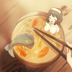 1girl 1other ama_(pixiv_50406250) breasts chopsticks closed_eyes collarbone commentary_request drill_hair drill_sidelocks food food_on_head holding holding_chopsticks medium_breasts object_on_head one-hour_drawing_challenge short_hair sidelocks solo_focus soup sweatdrop touhou wakasagihime