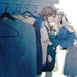 2girls absurdres bang_dream! bang_dream!_it&#039;s_mygo!!!!! blue_hair blue_shirt chinese_commentary closed_eyes commentary_request e-fa-dorn grey_hair grey_skirt highres holding holding_unworn_clothes kiss kissing_cheek long_hair multiple_girls neck_ribbon open_mouth plaid_clothes plaid_skirt red_ribbon ribbon school_uniform shirt short_hair sidelocks skirt takamatsu_tomori togawa_sakiko tsukinomori_school_uniform yuri