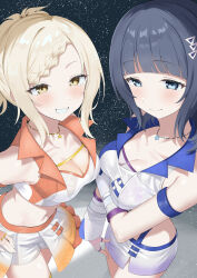 2girls absurdres arm_under_breasts asaka_karin black_hair blonde_hair blue_eyes blunt_bangs blush braid braided_bangs breasts cleavage closed_mouth collarbone commentary_request crop_top fingerless_gloves gloves highres jewelry large_breasts looking_at_viewer love_live! love_live!_nijigasaki_high_school_idol_club midriff miyashita_ai multiple_girls navel necklace ponytail race_queen shorts showgirl_skirt skirt smile standing star_(symbol) star_necklace white_gloves white_shorts white_skirt yellow_eyes yuu_(shampoohatslime)