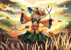 Rule 34 | 1girl, 222neko, black hat, bow, bug, butterfly, buttons, closed eyes, cloud, collared shirt, commentary request, diamond button, eyeball, facing viewer, floral print, frilled shirt collar, frilled skirt, frilled sleeves, frills, green hair, green skirt, hat, hat bow, heart, heart of string, highres, insect, komeiji koishi, long sleeves, open mouth, outdoors, outstretched arms, print skirt, rose print, shirt, skirt, smile, solo, spread arms, third eye, touhou, wide sleeves, yellow bow, yellow shirt