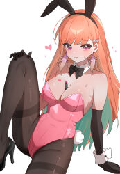 Rule 34 | 1girl, :p, absurdres, adapted costume, alternate costume, animal ear hairband, animal ears, between breasts, black bow, black bowtie, black pantyhose, bow, bowtie, breasts, commentary, cosmetics, fake animal ears, feathers, hairband, hana20000920, high heels, highres, hololive, hololive english, leotard, lipstick tube, looking at viewer, pantyhose, pink eyes, pink feathers, pink leotard, purple eyes, rabbit ear hairband, rabbit ears, rabbit tail, sitting, solo, symbol-only commentary, tail, takanashi kiara, tongue, tongue out, virtual youtuber, wrist cuffs