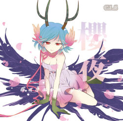 1girl antlers blue_hair breasts c_(control) cleavage closed_mouth colored_extremities dress full_body hononaka_chitose horns pink_dress pink_ribbon pointy_ears q_(control) red_eyes ribbon short_hair sitting smile solo translation_request