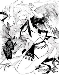 2girls ahoge bird_legs blush breasts commentary_request fate/grand_order fate_(series) feathered_wings feathers fujimaru_ritsuka_(female) greyscale harpy highres huge_ahoge jewelry kuriimu0203 large_breasts long_hair louhi_(fate) louhi_(third_ascension)_(fate) monochrome monster_girl multiple_girls musical_note navel necklace open_mouth pelvic_curtain sharp_teeth sidelocks talons teeth winged_arms wings