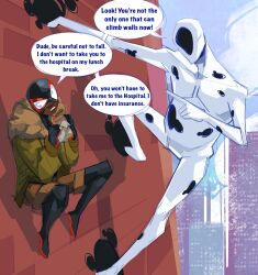 2boys bodysuit food highres hole_in_head jacket marvel miles_morales multiple_boys portal_(object) print_bodysuit spider-man:_across_the_spider-verse spider-man_(miles_morales) spider-man_(series) spider-verse spot_(marvel) stitchedspider superhero_costume two-tone_bodysuit