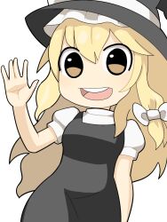 1girl black_dress black_eyes black_hat blonde_hair bow breasts commentary_request cookie_(touhou) cowboy_shot dress hair_between_eyes hair_bow hat hat_bow hospital_king kirisame_marisa long_bangs medium_breasts open_mouth pinafore_dress puffy_short_sleeves puffy_sleeves round_teeth short_sleeves simple_background sleeveless sleeveless_dress smile solo sugar_(cookie) teeth touhou waving white_background white_bow witch_hat ||/