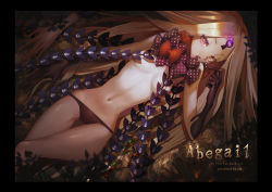1girl abigail_williams_(fate) abigail_williams_(third_ascension)_(fate) absurdres bare_shoulders black_bow black_panties blonde_hair bow breasts character_name corruption dark_persona dress english_text fate/grand_order fate_(series) female_focus forehead highres keyhole long_hair lying multiple_bows navel on_back open_mouth orange_bow ota_(ota-0000) panties parted_bangs polka_dot polka_dot_bow possessed possession purple_eyes ribbed_dress skull_print small_breasts solo thighs third_eye underwear yog-sothoth